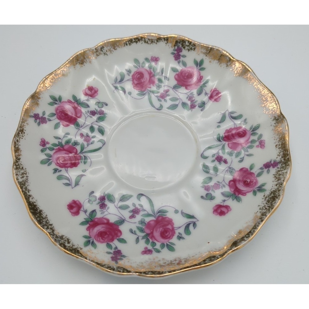 Vintage Fred Roberts Bone China Single 6" Saucer Pink Rose Sponged‎ Gold Trim